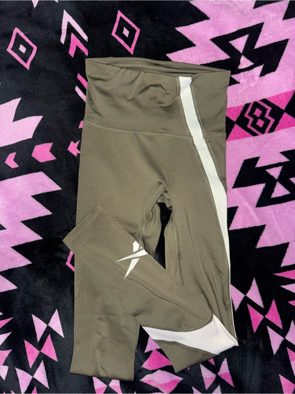 Reebok Olive Green Kids Leggings with White Panels